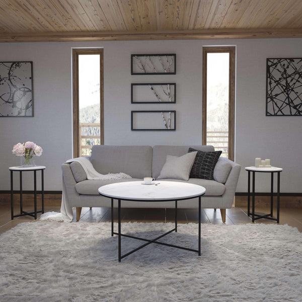 White Marble/Matte Black |#| Marble Finish Table Set with Matte Black X Metal Frame-Coffee Table-2 End Tables