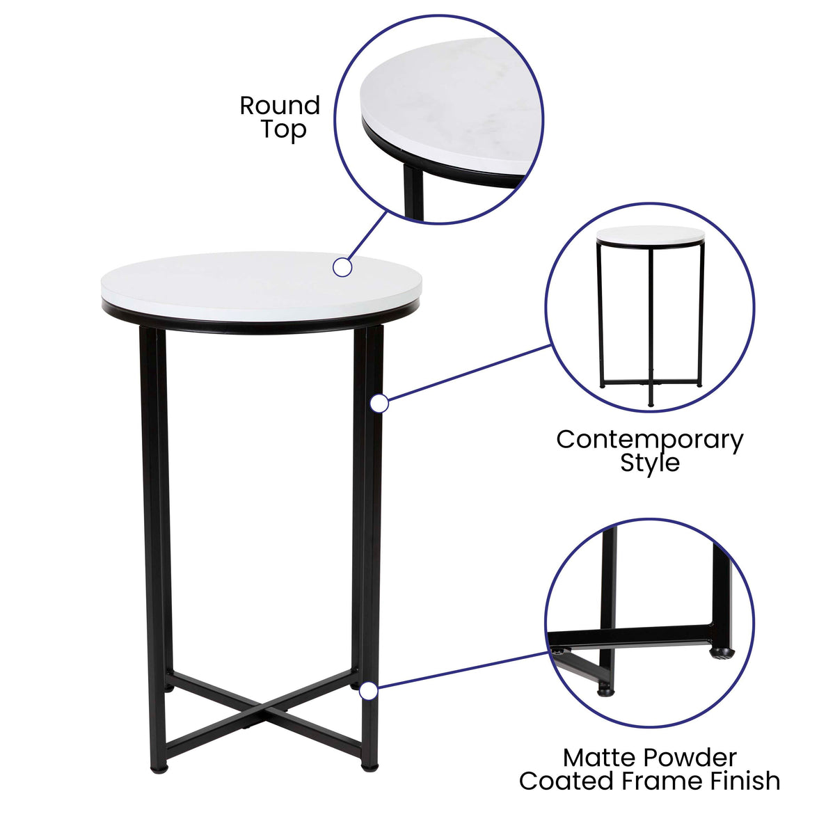 White Top/Matte Black Frame |#| White Finish Table Set with Matte Black X Metal Frame-Coffee Table-2 End Tables
