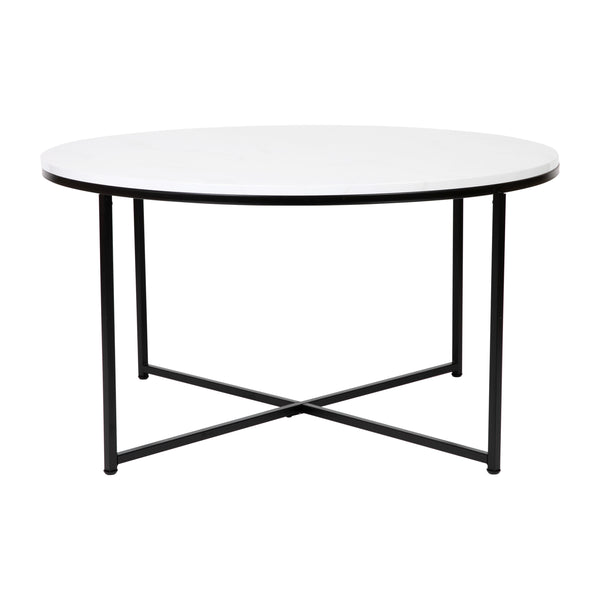 White Marble/Matte Black |#| Marble Finish Table Set with Matte Black X Metal Frame-Coffee Table-2 End Tables