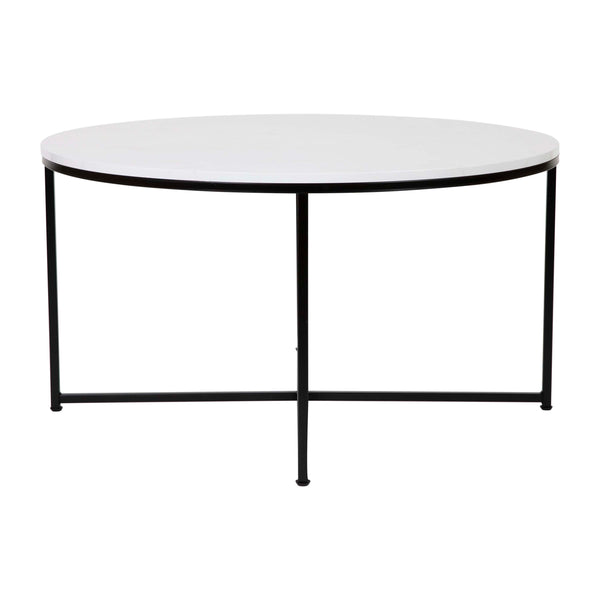 White Marble/Matte Black |#| Marble Finish Table Set with Matte Black X Metal Frame-Coffee Table-2 End Tables