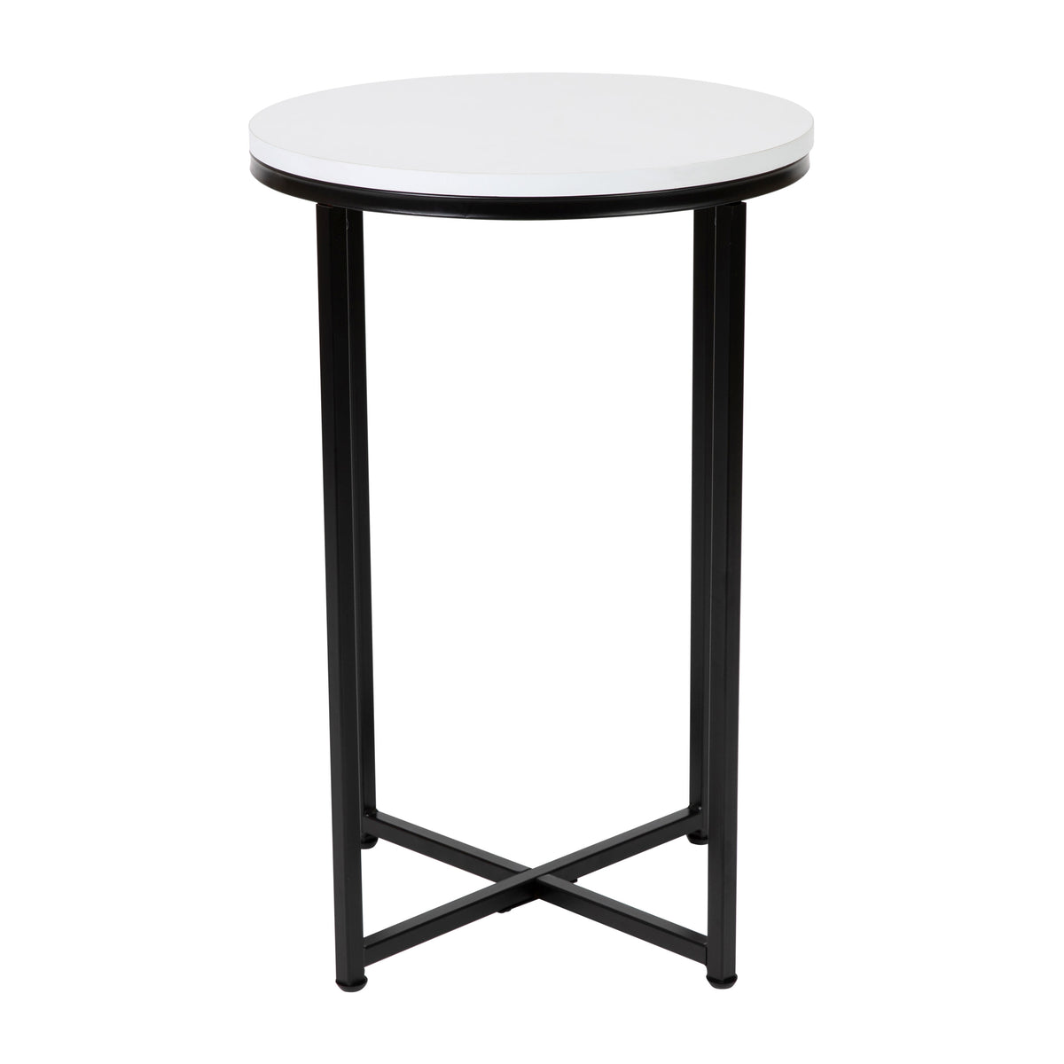 White Top/Matte Black Frame |#| White Laminate Living Room End Table with Crisscross Matte Black Metal Frame