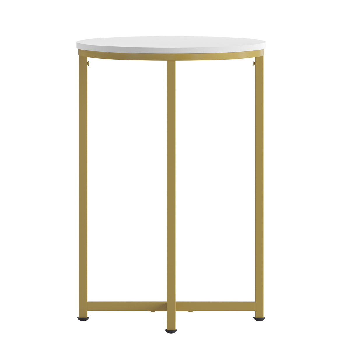 White Top/Brushed Gold Frame |#| White Laminate Living Room End Table with Crisscross Brushed Gold Metal Frame