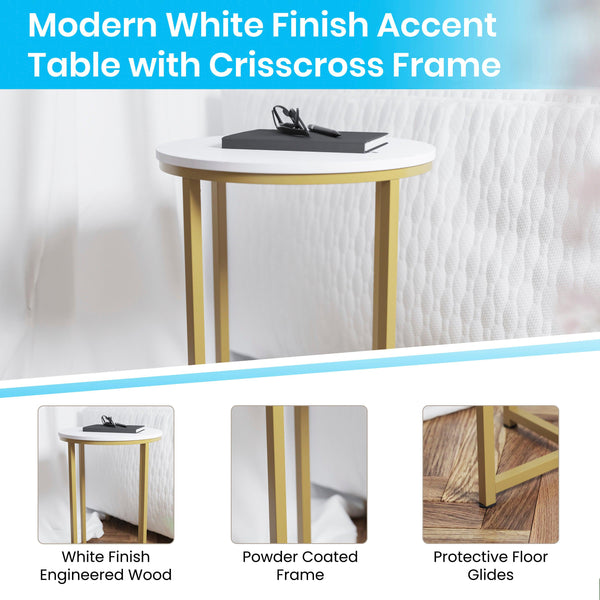 White Top/Brushed Gold Frame |#| White Laminate Living Room End Table with Crisscross Brushed Gold Metal Frame