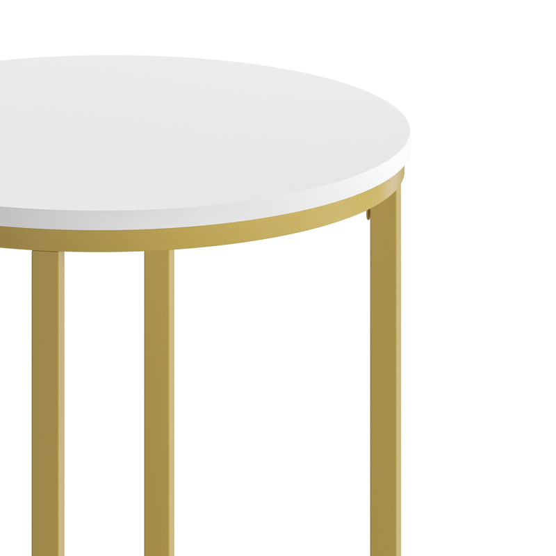 White Top/Brushed Gold Frame |#| White Laminate Living Room End Table with Crisscross Brushed Gold Metal Frame