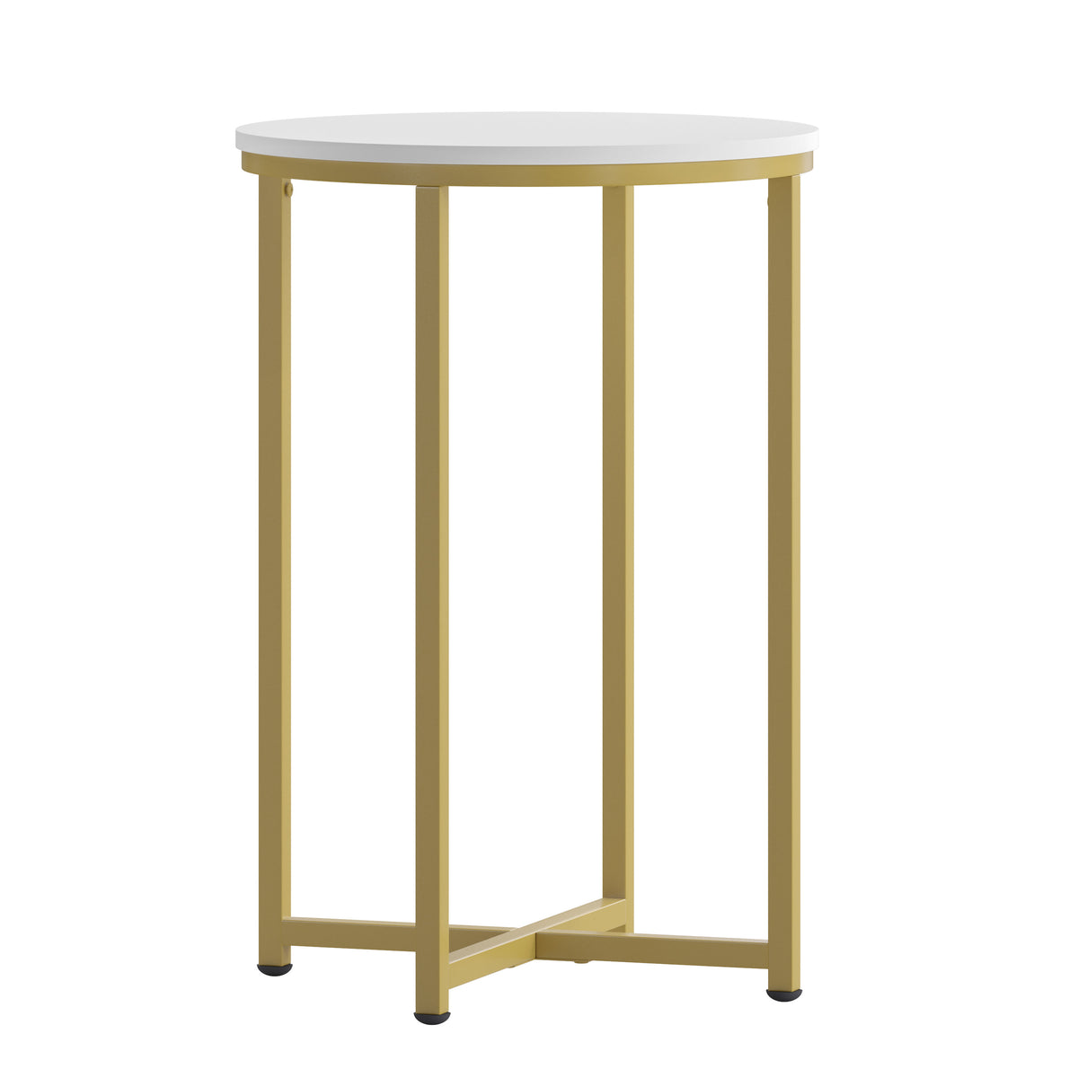 White Top/Brushed Gold Frame |#| White Laminate Living Room End Table with Crisscross Brushed Gold Metal Frame