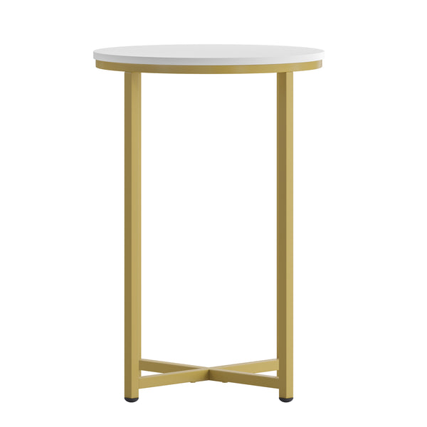 White Top/Brushed Gold Frame |#| White Laminate Living Room End Table with Crisscross Brushed Gold Metal Frame