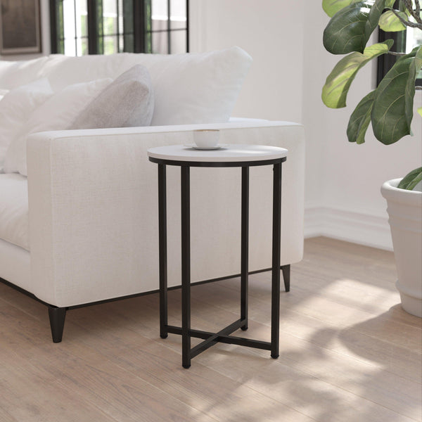 White Top/Matte Black Frame |#| White Laminate Living Room End Table with Crisscross Matte Black Metal Frame