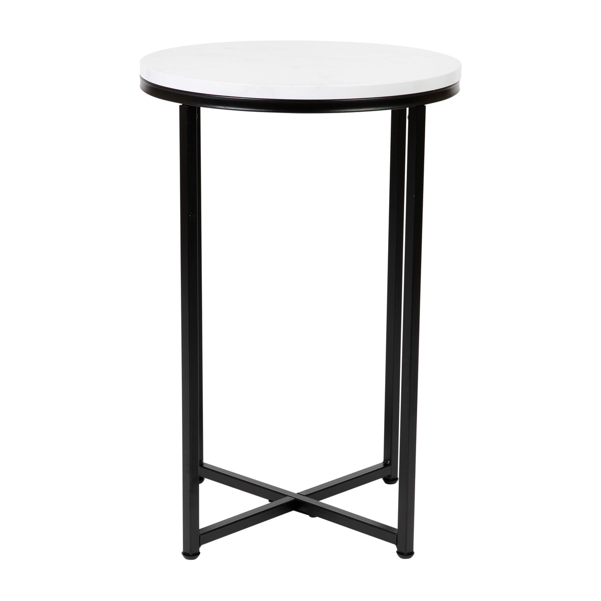 White Marble Top/Matte Black Frame |#| White Marble Finish End Table with Crisscross Matte Black Metal Frame