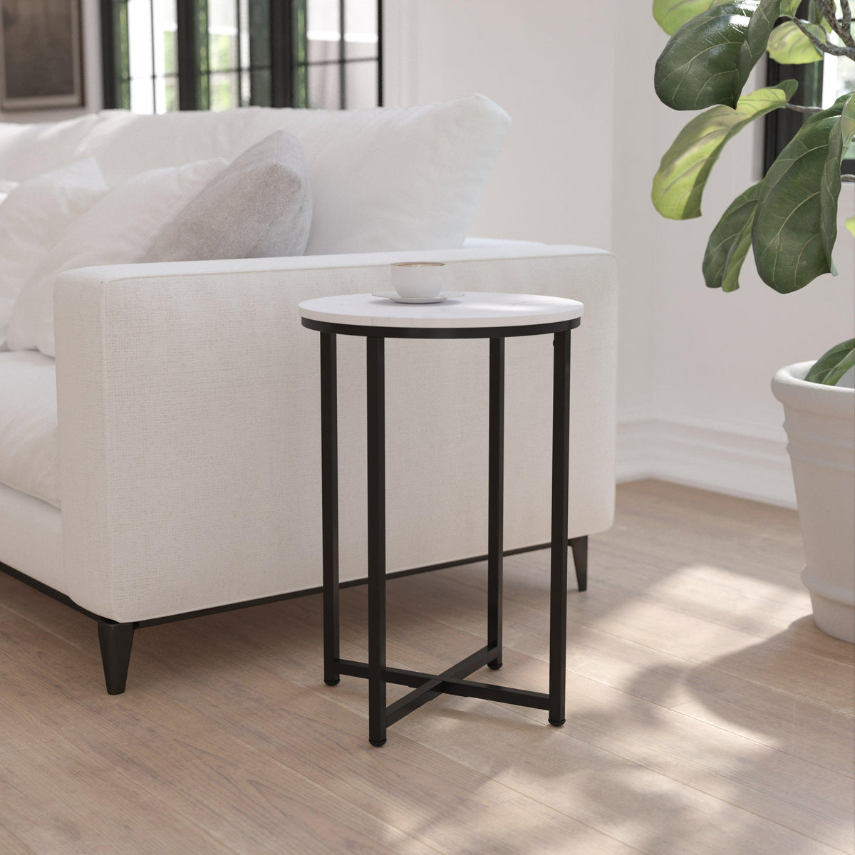 White Marble Top/Matte Black Frame |#| White Marble Finish End Table with Crisscross Matte Black Metal Frame