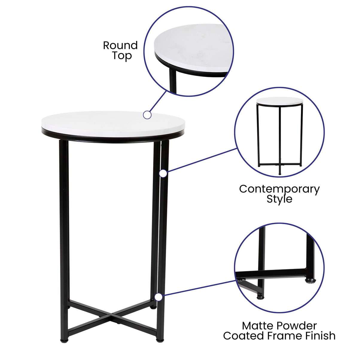 White Marble Top/Matte Black Frame |#| White Marble Finish End Table with Crisscross Matte Black Metal Frame