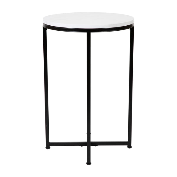 White Marble Top/Matte Black Frame |#| White Marble Finish End Table with Crisscross Matte Black Metal Frame