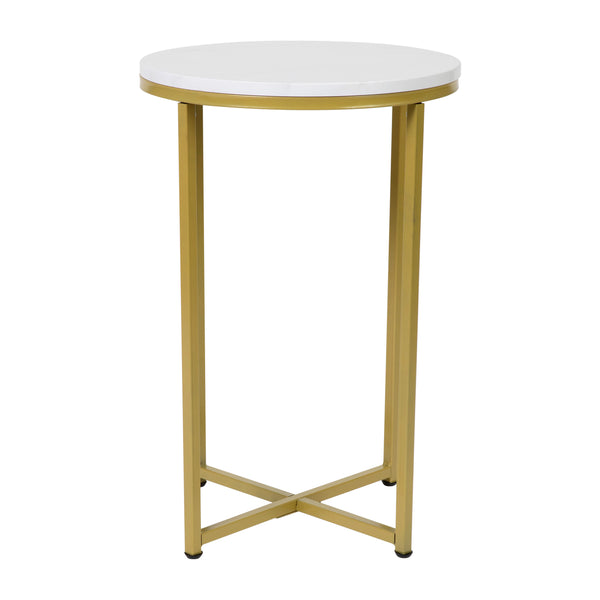 White Marble Top/Brushed Gold Frame |#| White Marble Finish End Table with Crisscross Brushed Gold Metal Frame
