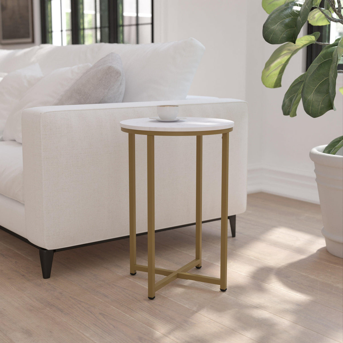 White Marble Top/Brushed Gold Frame |#| White Marble Finish End Table with Crisscross Brushed Gold Metal Frame