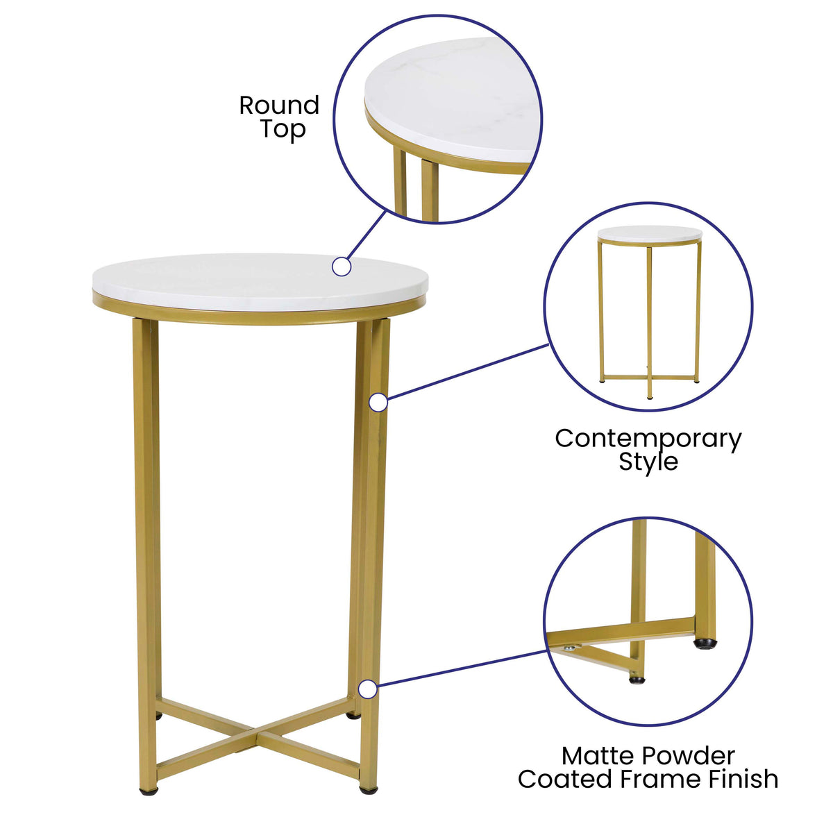 White Marble Top/Brushed Gold Frame |#| White Marble Finish End Table with Crisscross Brushed Gold Metal Frame