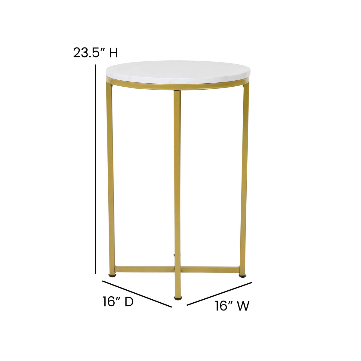 White Marble Top/Brushed Gold Frame |#| White Marble Finish End Table with Crisscross Brushed Gold Metal Frame