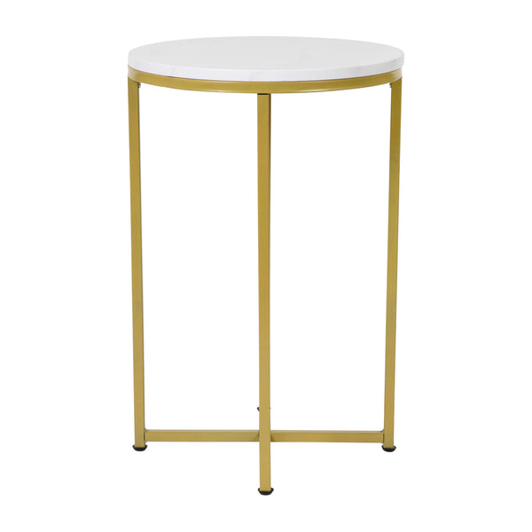 White Marble Top/Brushed Gold Frame |#| White Marble Finish End Table with Crisscross Brushed Gold Metal Frame