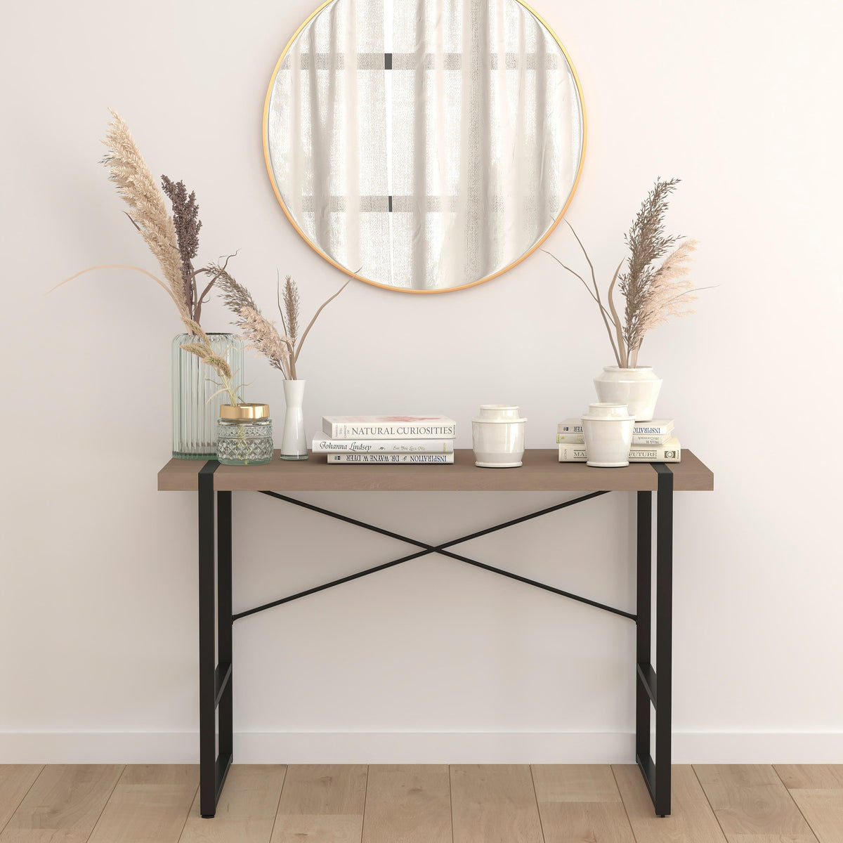 Rustic Wood Grain Finish Console Table with Cross Brace Backing