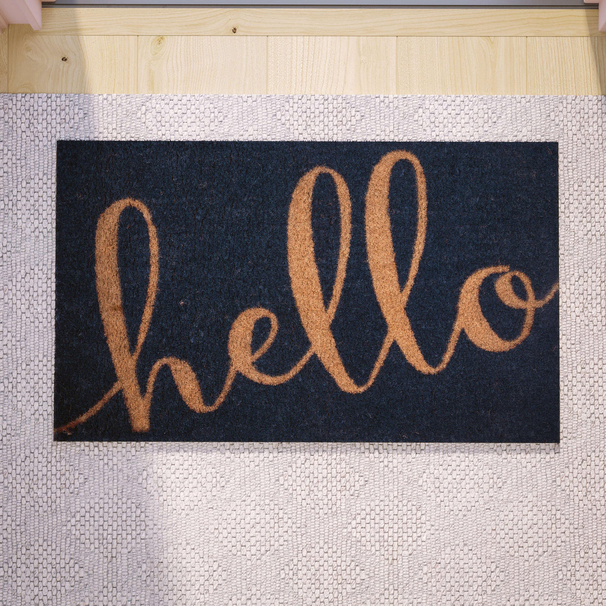 Navy |#| Indoor/Outdoor Coir Doormat with Hello Message and Non-Slip Back-Navy/Natural