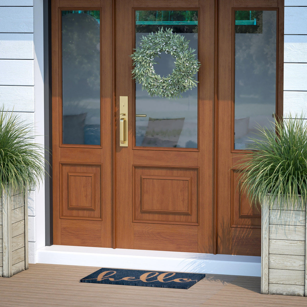 Navy |#| Indoor/Outdoor Coir Doormat with Hello Message and Non-Slip Back-Navy/Natural