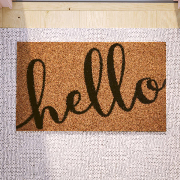 Natural |#| Indoor/Outdoor Coir Doormat with Hello Message and Non-Slip Back-Natural/Black