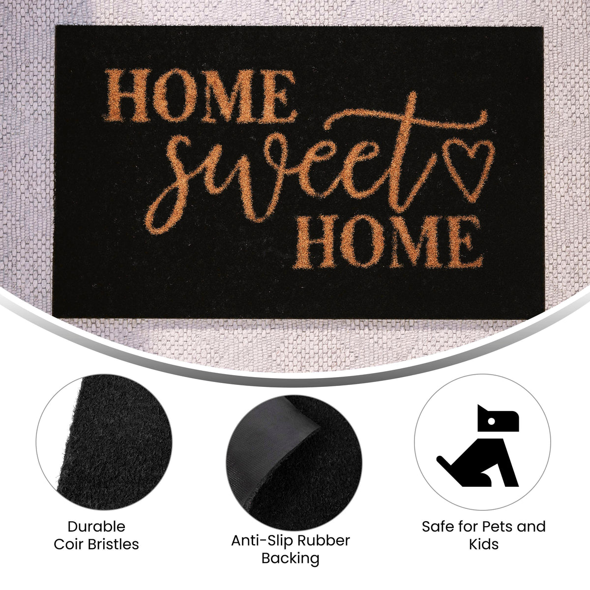 Black |#| Indoor/Outdoor Non-Slip Coir Doormat with Home Sweet Home Message-Black/Natural