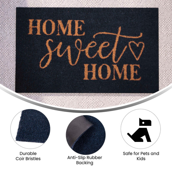 Navy |#| Indoor/Outdoor Non-Slip Coir Doormat with Home Sweet Home Message-Navy/Natural