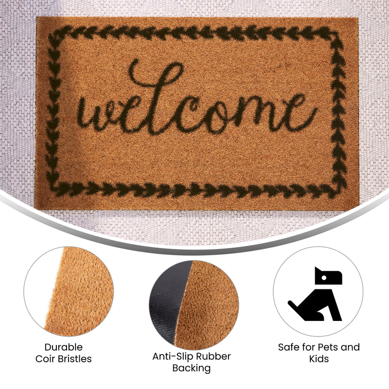 Natural |#| Indoor/Outdoor Coir Doormat with Welcome Message and Non-Slip Back-Natural/Black