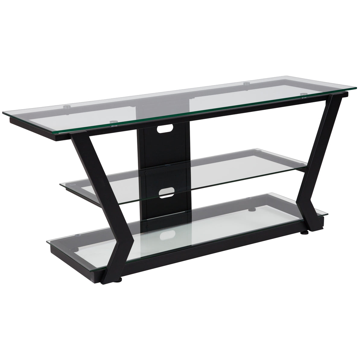 Glass TV Stand with Wire Management Panel and Designer Bent Black Metal Frame