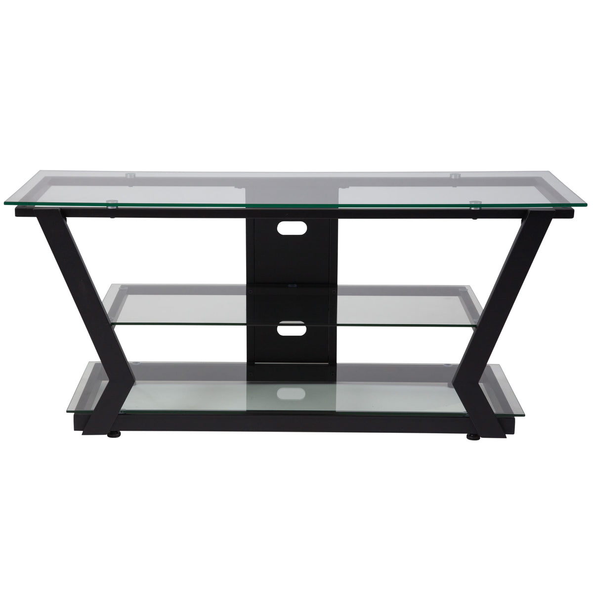 Glass TV Stand with Wire Management Panel and Designer Bent Black Metal Frame