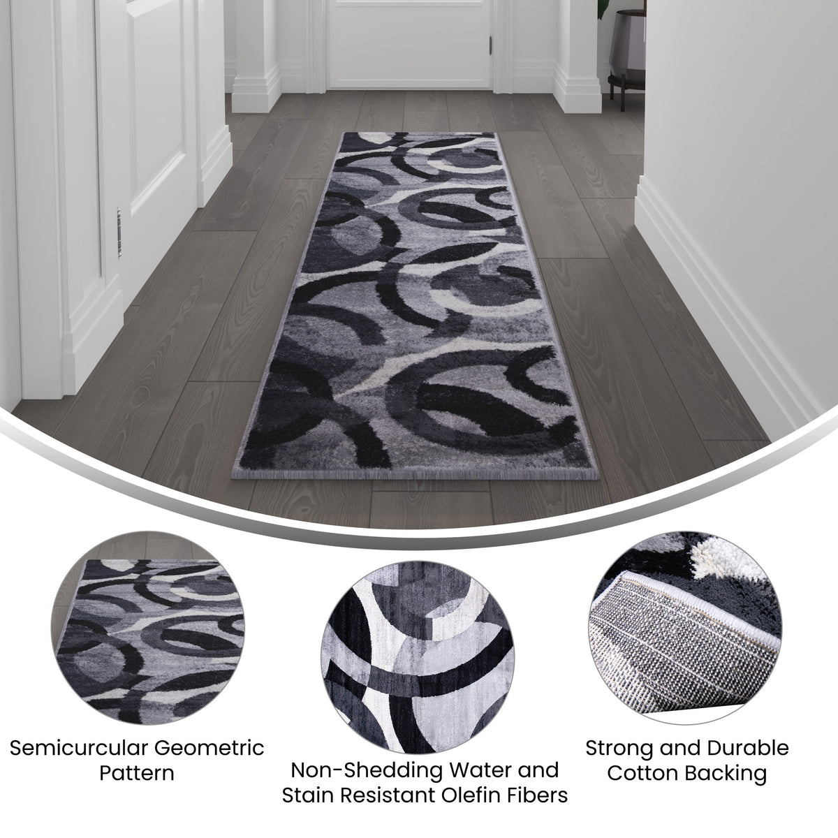 Gray,2' x 7' |#| Modern Geometric Design Area Rug in Black, Gray, and White - 2' x 7'