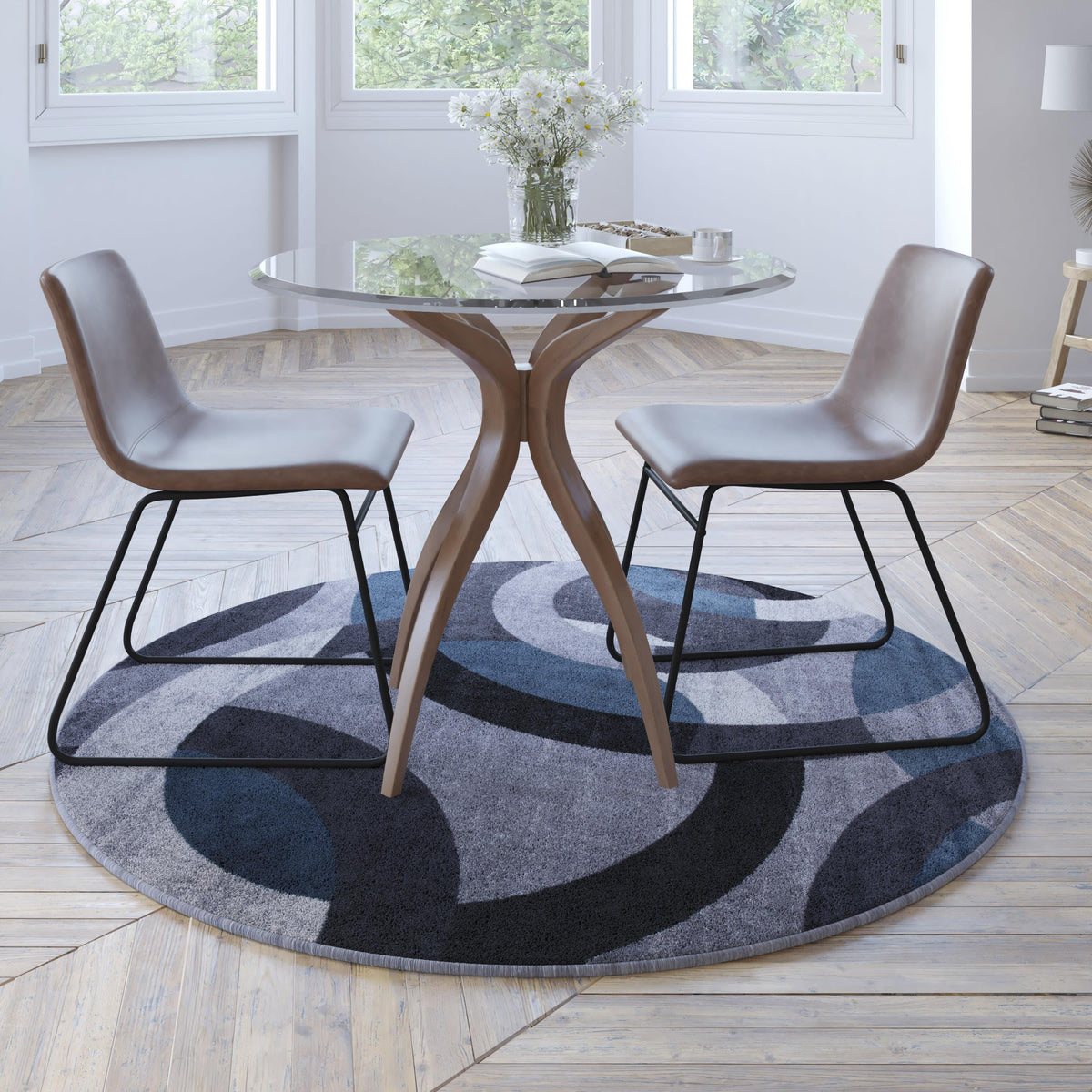 Blue,5' Round |#| Modern Round Geometric Design Area Rug in Blue, Gray, and White - 8' x 8'