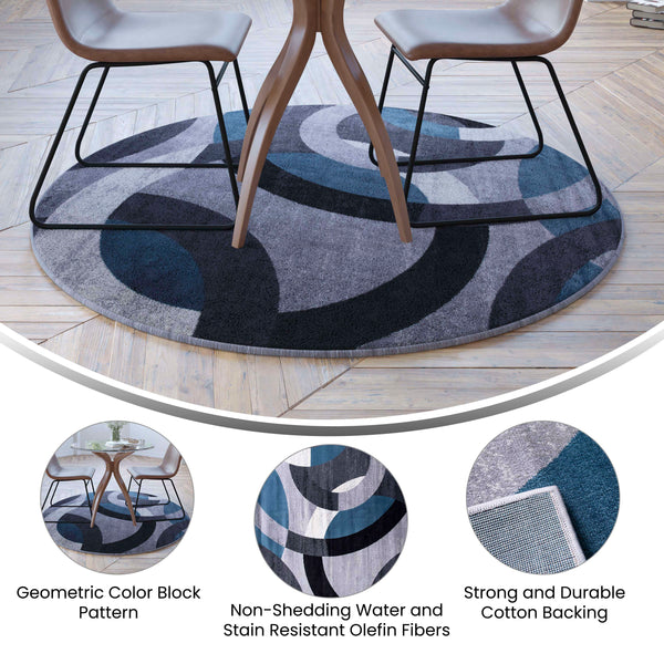 Blue,5' Round |#| Modern Round Geometric Design Area Rug in Blue, Gray, and White - 8' x 8'