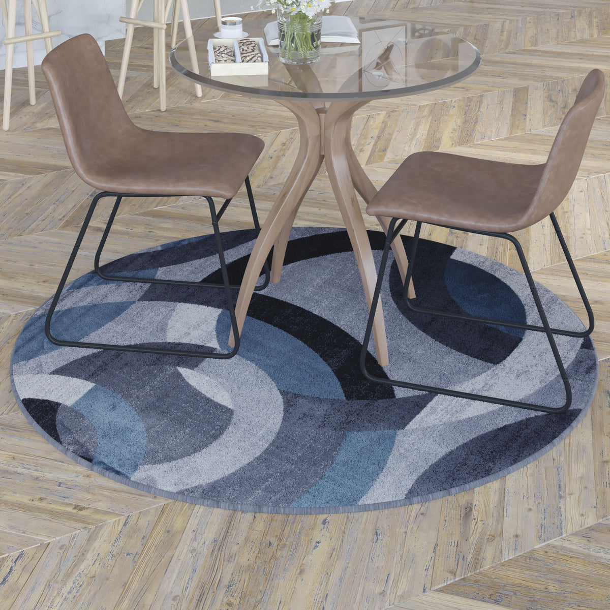 Blue,5' Round |#| Modern Round Geometric Design Area Rug in Blue, Gray, and White - 8' x 8'