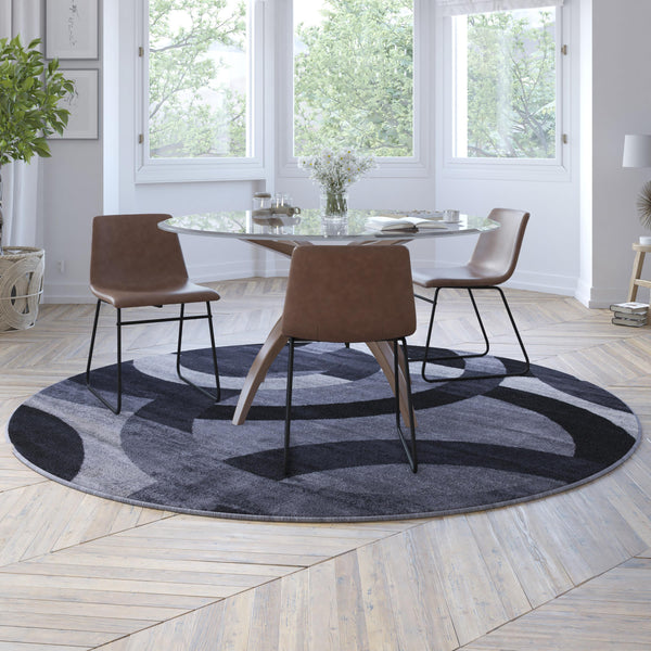 Gray,5' Round |#| Modern Round Geometric Design Area Rug in Black, Gray, and White - 8' x 8'