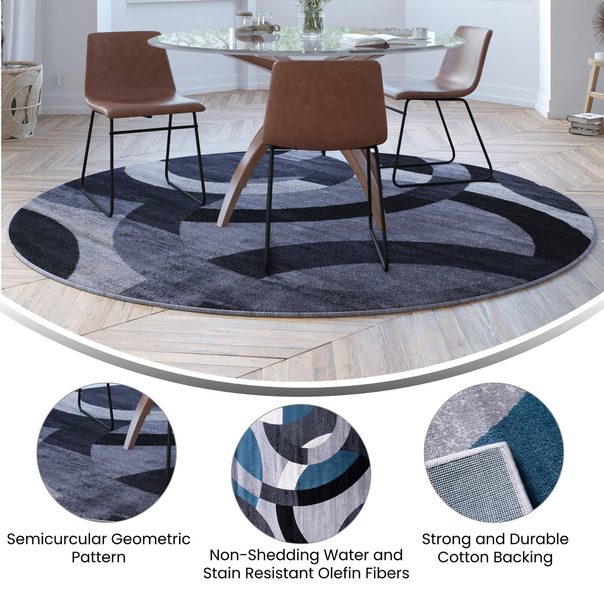 Gray,5' Round |#| Modern Round Geometric Design Area Rug in Black, Gray, and White - 8' x 8'