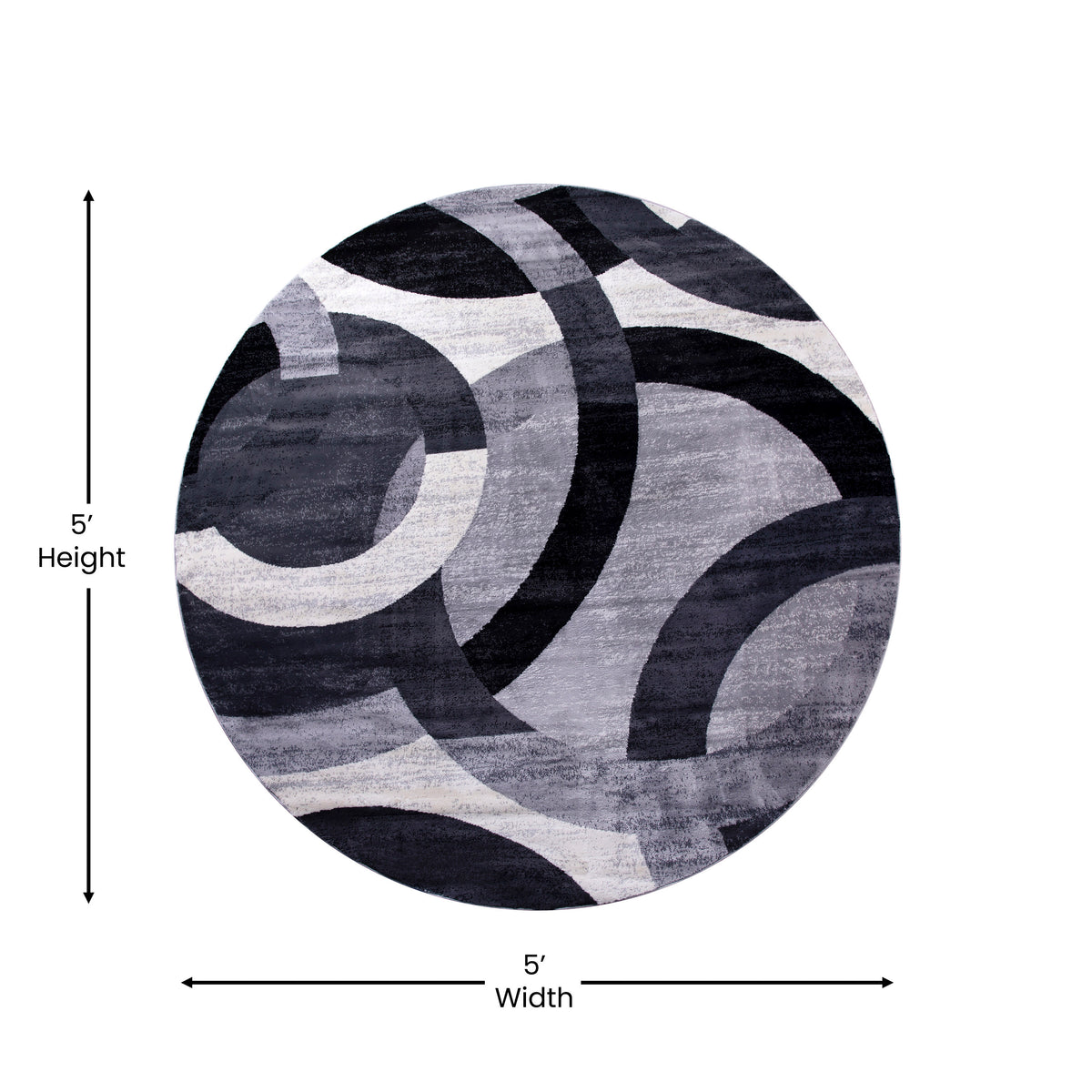 Gray,5' Round |#| Modern Round Geometric Design Area Rug in Black, Gray, and White - 8' x 8'