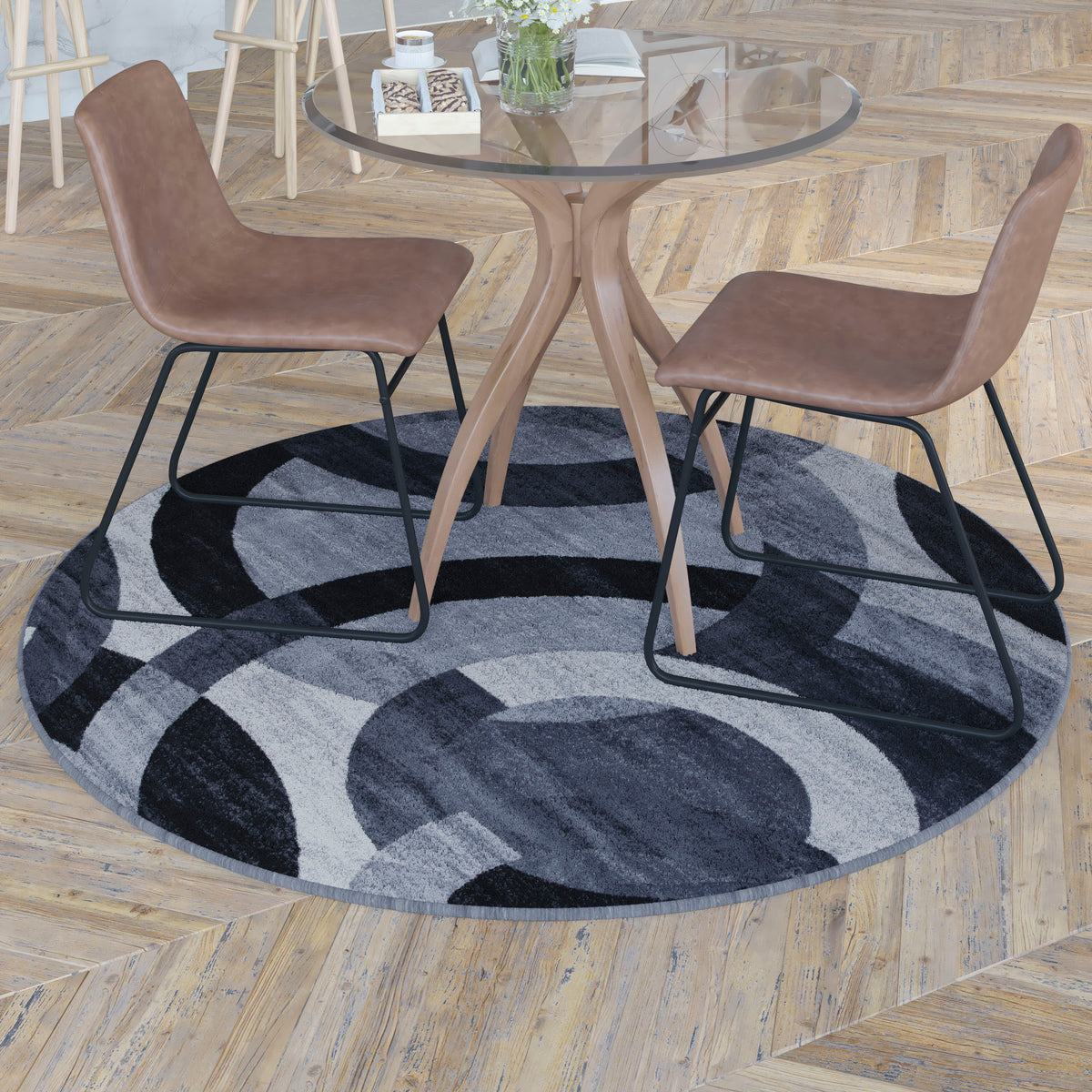 Gray,5' Round |#| Modern Round Geometric Design Area Rug in Black, Gray, and White - 8' x 8'