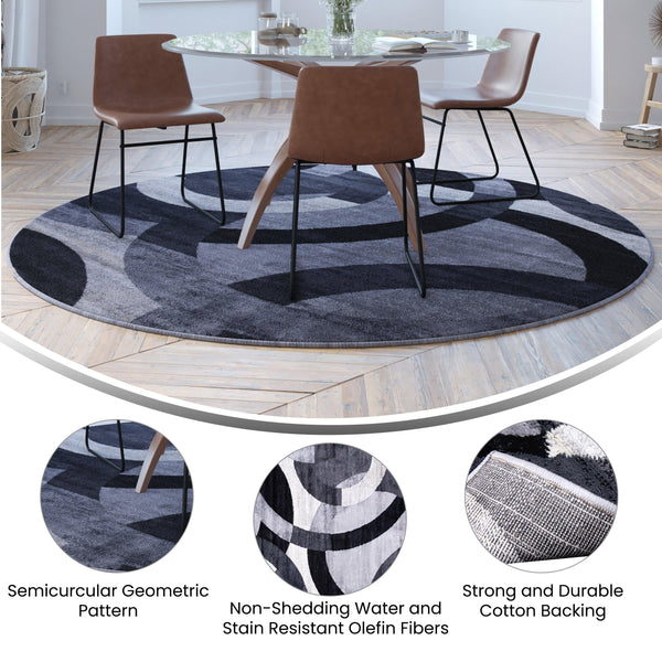 Gray,8' Round |#| Modern Round Geometric Design Area Rug in Black, Gray, and White - 8' x 8'