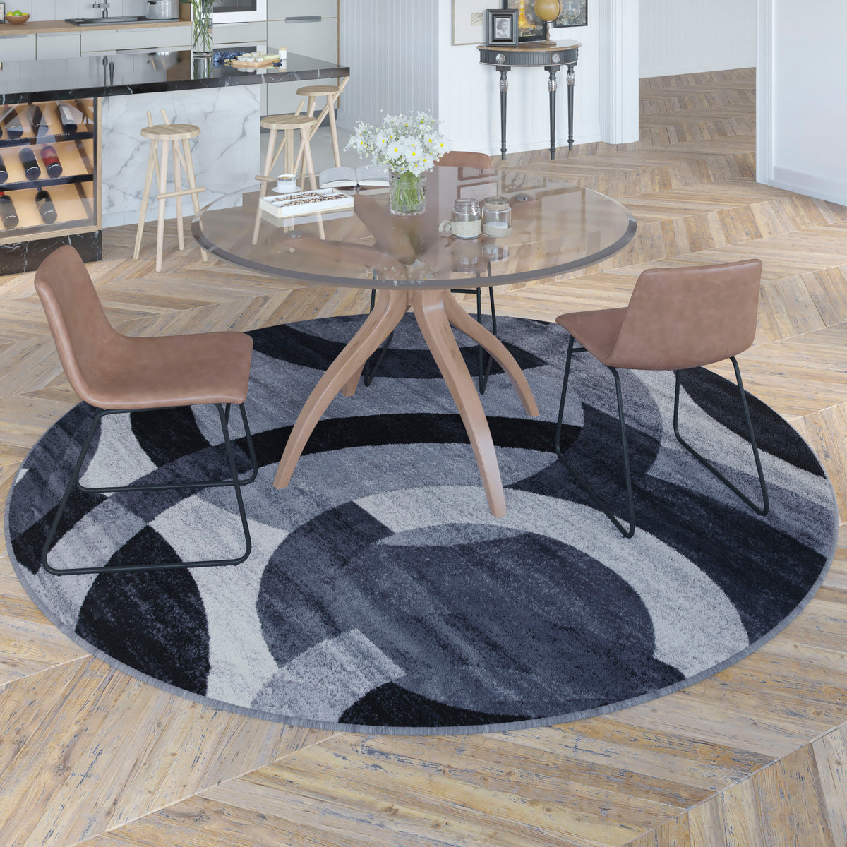 Gray,8' Round |#| Modern Round Geometric Design Area Rug in Black, Gray, and White - 8' x 8'