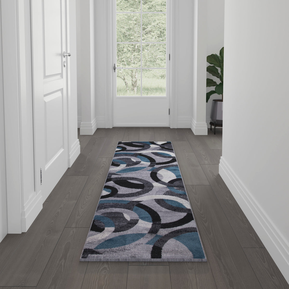 Blue,2' x 7' |#| Modern Geometric Design Area Rug in Blue, Gray, and White - 2' x 7'