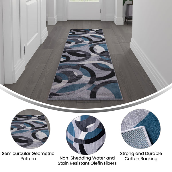 Blue,2' x 7' |#| Modern Geometric Design Area Rug in Blue, Gray, and White - 2' x 7'