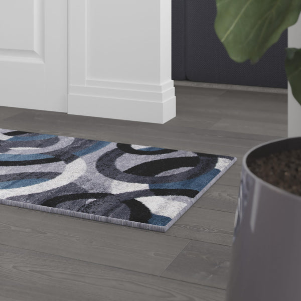 Blue,2' x 7' |#| Modern Geometric Design Area Rug in Blue, Gray, and White - 2' x 7'