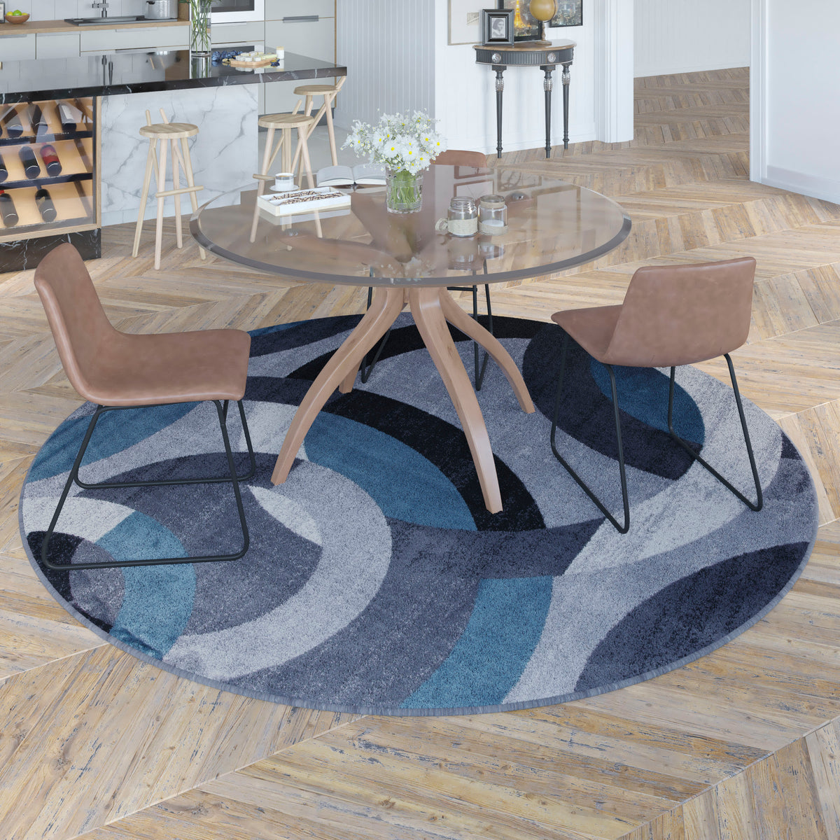 Blue,8' Round |#| Modern Round Geometric Design Area Rug in Blue, Gray, and White - 8' x 8'