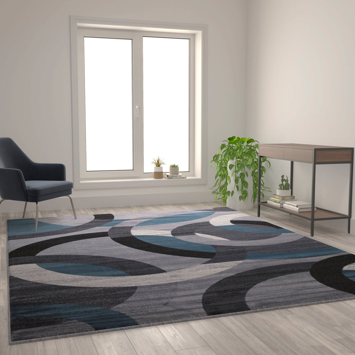 Blue,8' x 10' |#| Modern Geometric Design Area Rug in Blue, Gray, and White - 8' x 10'