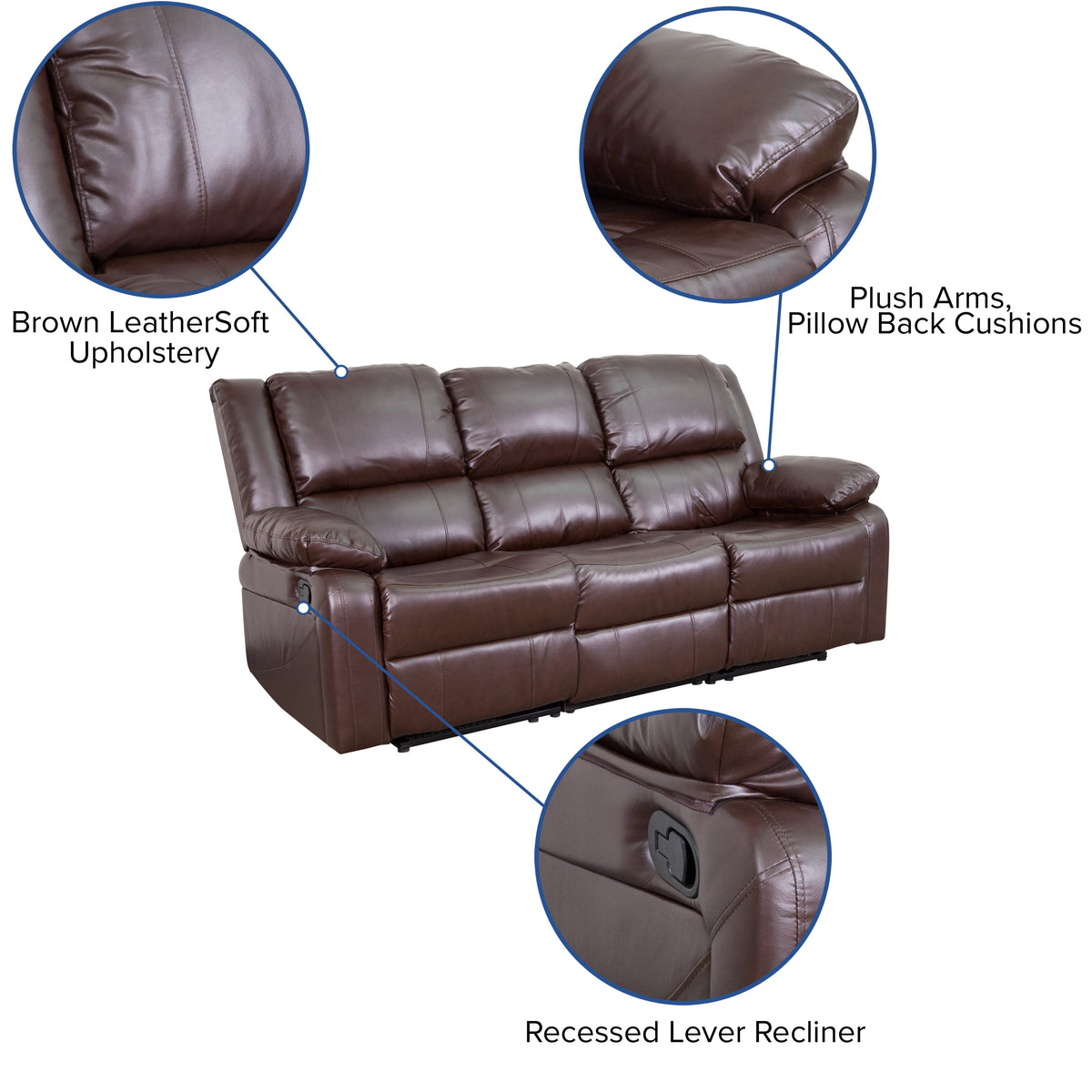 Brown LeatherSoft |#| Contemporary Brown LeatherSoft Plush Pillow Back Sofa w/Two Built-In Recliners