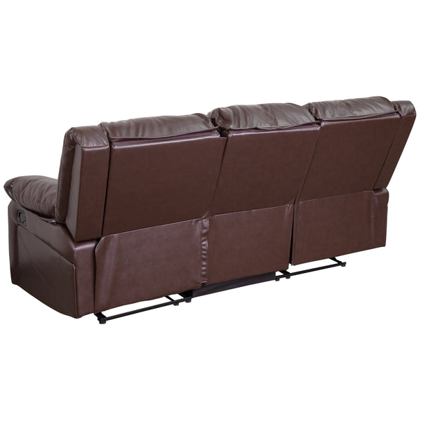 Brown LeatherSoft |#| Contemporary Brown LeatherSoft Plush Pillow Back Sofa w/Two Built-In Recliners