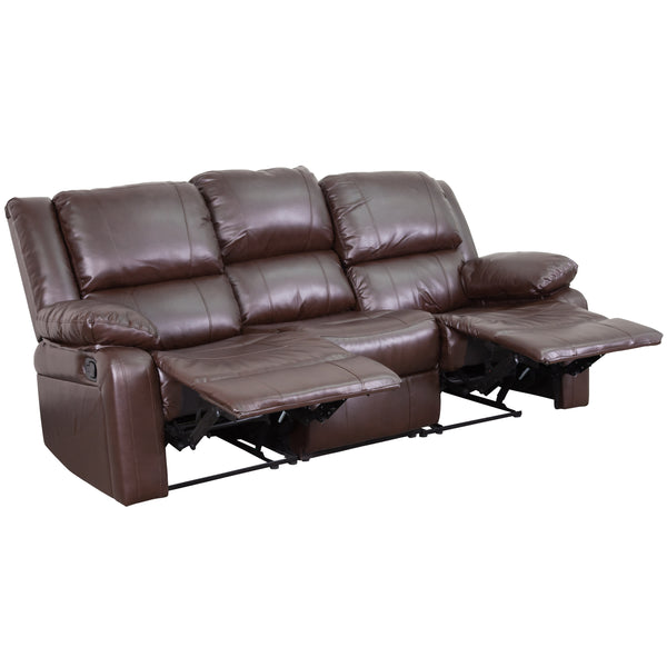 Brown LeatherSoft |#| Contemporary Brown LeatherSoft Plush Pillow Back Sofa w/Two Built-In Recliners