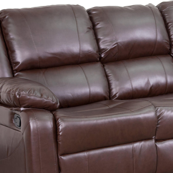 Brown LeatherSoft |#| Contemporary Brown LeatherSoft Plush Pillow Back Sofa w/Two Built-In Recliners