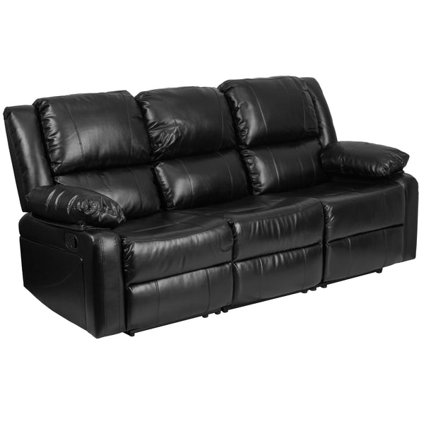 Black LeatherSoft |#| Contemporary Black LeatherSoft Pillow Back Sofa with Two Built-In Recliners