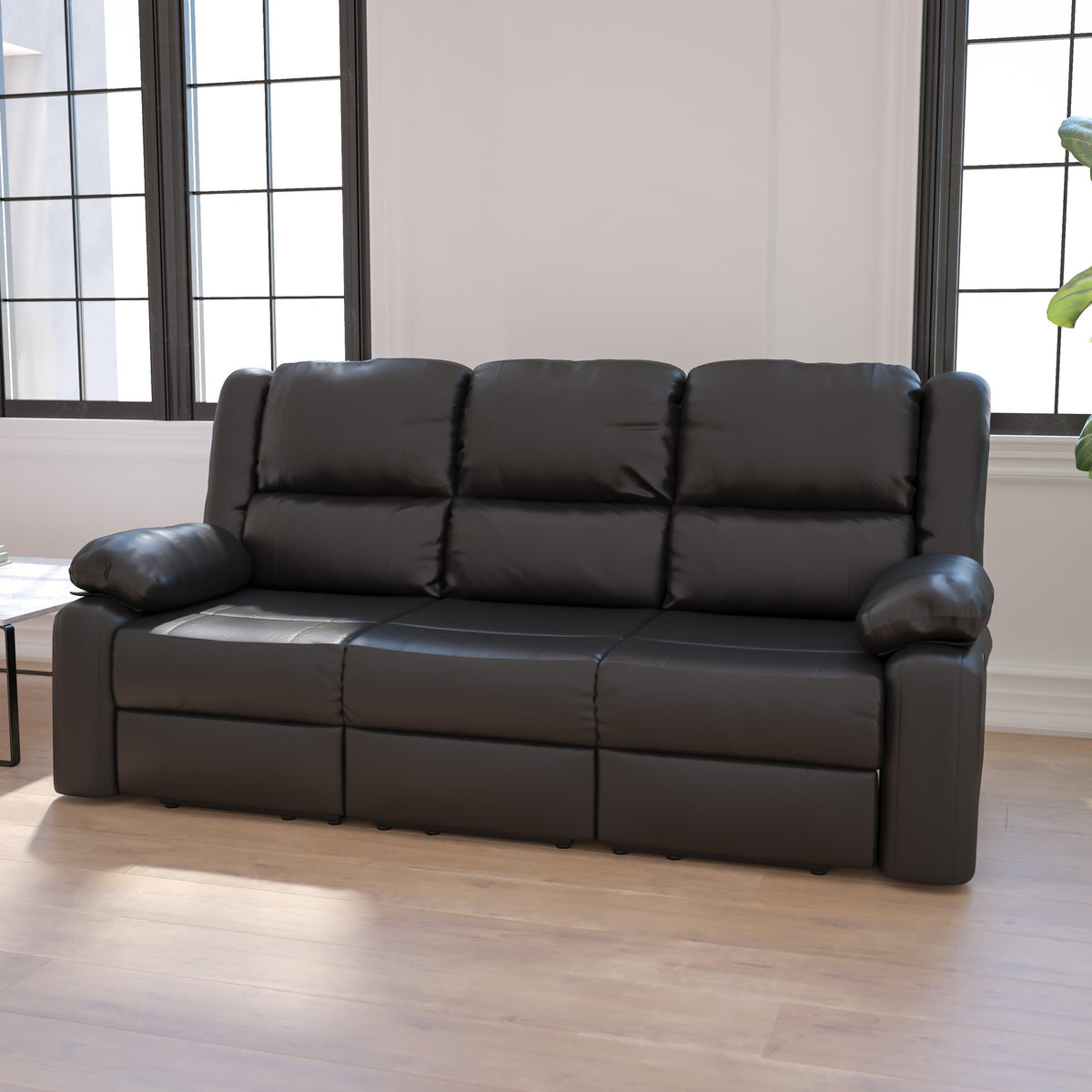 Black LeatherSoft |#| Contemporary Black LeatherSoft Pillow Back Sofa with Two Built-In Recliners